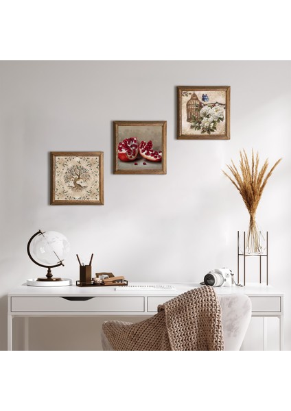 Kelebekli Çiçek, Hayat Ağacı, Nar Taş Duvar Tablosu Ahşap Çerçeveli Duvar Dekoru 3 Parça Tablo Seti Wall Art W3-898