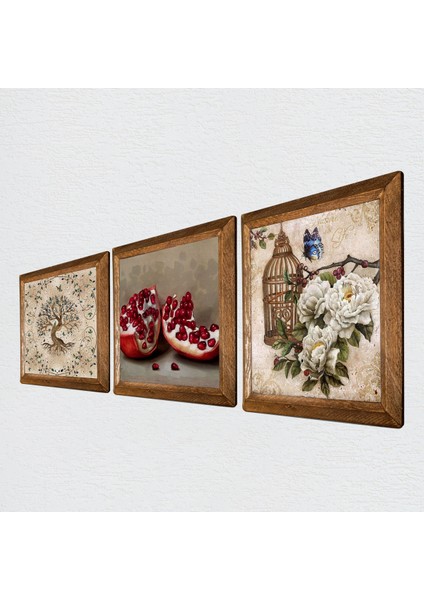 Kelebekli Çiçek, Hayat Ağacı, Nar Taş Duvar Tablosu Ahşap Çerçeveli Duvar Dekoru 3 Parça Tablo Seti Wall Art W3-898 fiyatları