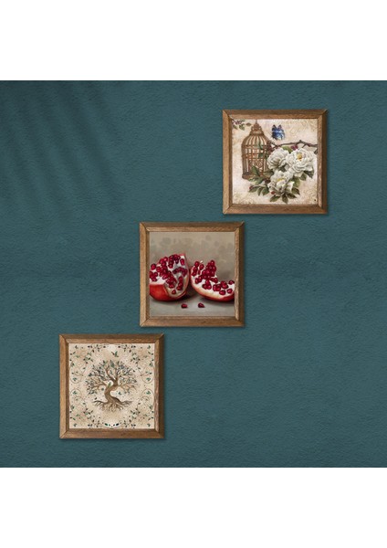 Kelebekli Çiçek, Hayat Ağacı, Nar Taş Duvar Tablosu Ahşap Çerçeveli Duvar Dekoru 3 Parça Tablo Seti Wall Art W3-898 modelleri