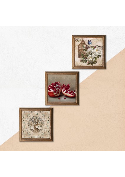 Kelebekli Çiçek, Hayat Ağacı, Nar Taş Duvar Tablosu Ahşap Çerçeveli Duvar Dekoru 3 Parça Tablo Seti Wall Art W3-898 indirimleri
