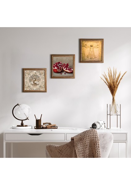 Leonardo da Vinci Vitruvius Adamı, Hayat Ağacı, Nar Taş Duvar Tablosu Ahşap Çerçeveli Duvar Dekoru 3 Parça Tablo Seti Wall Art W3-902