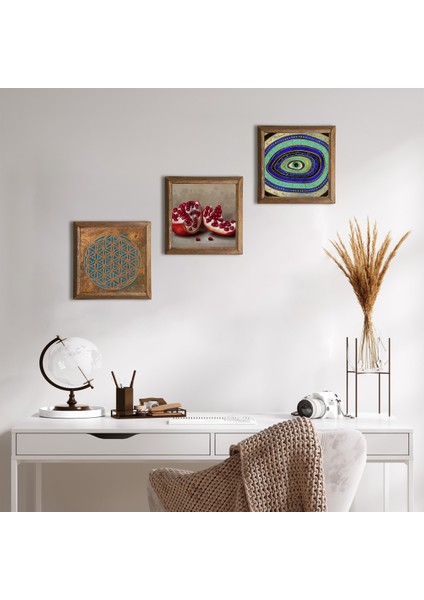 Yaşam Çiçeği, Nazar, Nar Ahşap Çerçeveli Taş Duvar Tablosu 3’lü Set – 25x25 cm Dekoratif Modern Sanat – Ev ve Ofis Dekoru |W3-1680|