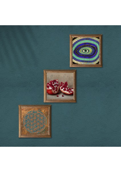 Yaşam Çiçeği, Nazar, Nar Ahşap Çerçeveli Taş Duvar Tablosu 3’lü Set – 25x25 cm Dekoratif Modern Sanat – Ev ve Ofis Dekoru |W3-1680| modelleri