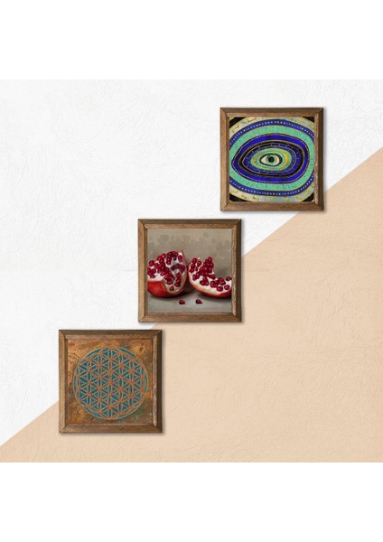 Yaşam Çiçeği, Nazar, Nar Ahşap Çerçeveli Taş Duvar Tablosu 3’lü Set – 25x25 cm Dekoratif Modern Sanat – Ev ve Ofis Dekoru |W3-1680| indirimleri