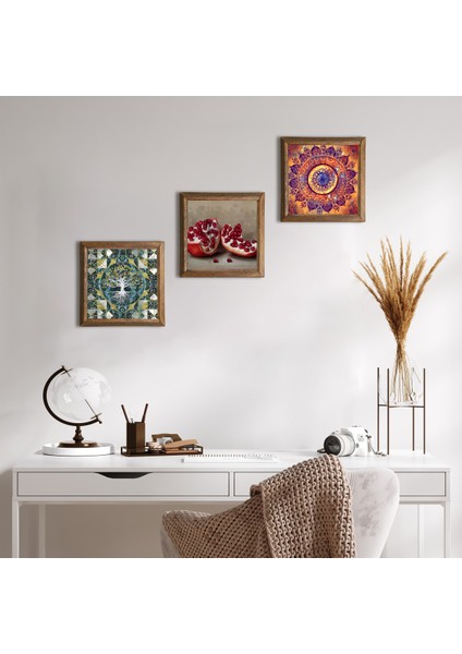 Hayat Ağacı, Mandala, Nar Taş Duvar Tablosu Ahşap Çerçeveli Duvar Dekoru 3 Parça Tablo Seti Wall Art W3-1692