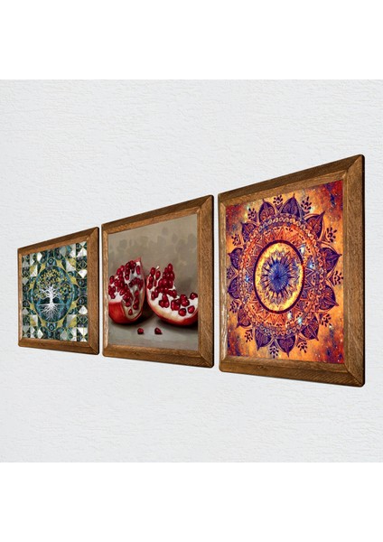 Hayat Ağacı, Mandala, Nar Taş Duvar Tablosu Ahşap Çerçeveli Duvar Dekoru 3 Parça Tablo Seti Wall Art W3-1692 fiyatları