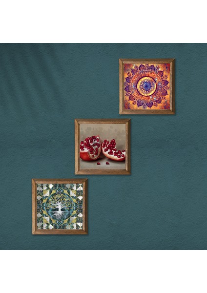 Hayat Ağacı, Mandala, Nar Taş Duvar Tablosu Ahşap Çerçeveli Duvar Dekoru 3 Parça Tablo Seti Wall Art W3-1692 modelleri