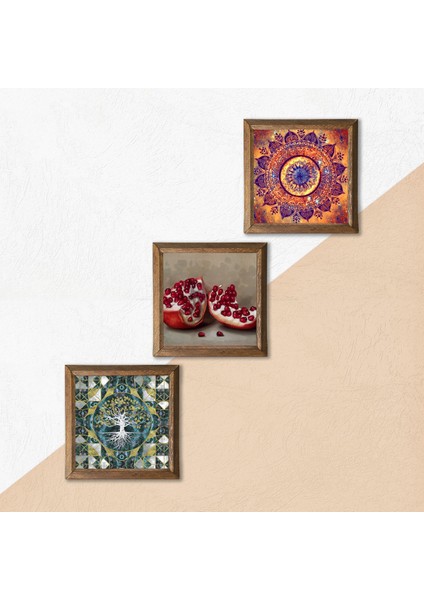 Hayat Ağacı, Mandala, Nar Taş Duvar Tablosu Ahşap Çerçeveli Duvar Dekoru 3 Parça Tablo Seti Wall Art W3-1692 indirimleri