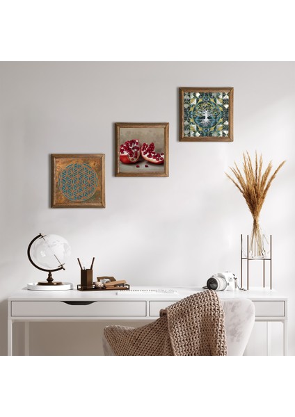 Yaşam Çiçeği, Hayat Ağacı, Nar Taş Duvar Tablosu Ahşap Çerçeveli Duvar Dekoru 3 Parça Tablo Seti Wall Art W3-1699