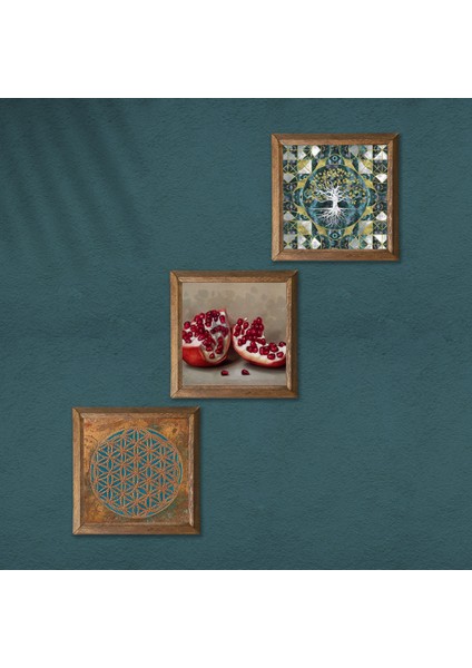 Yaşam Çiçeği, Hayat Ağacı, Nar Taş Duvar Tablosu Ahşap Çerçeveli Duvar Dekoru 3 Parça Tablo Seti Wall Art W3-1699