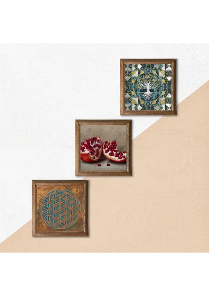 Yaşam Çiçeği, Hayat Ağacı, Nar Taş Duvar Tablosu Ahşap Çerçeveli Duvar Dekoru 3 Parça Tablo Seti Wall Art W3-1699
