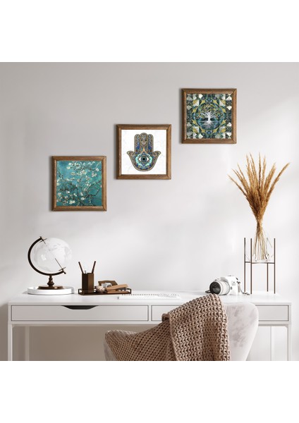 Hayat Ağacı, Van Gogh Badem Ağacı, Fatma Ana Eli (Hamsa) Taş Duvar Tablosu Ahşap Çerçeveli Duvar Dekoru 3 Parça Tablo Seti Wall Art W3-203