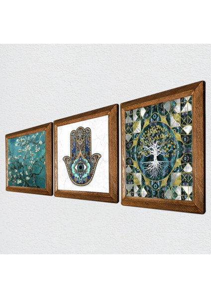 Hayat Ağacı, Van Gogh Badem Ağacı, Fatma Ana Eli (Hamsa) Taş Duvar Tablosu Ahşap Çerçeveli Duvar Dekoru 3 Parça Tablo Seti Wall Art W3-203 fiyatları