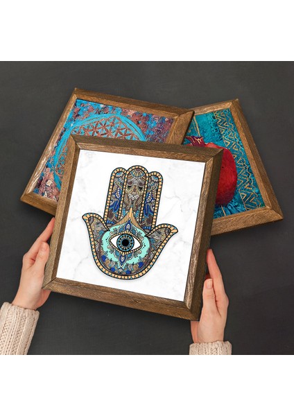 Hayat Ağacı, Van Gogh Badem Ağacı, Fatma Ana Eli (Hamsa) Taş Duvar Tablosu Ahşap Çerçeveli Duvar Dekoru 3 Parça Tablo Seti Wall Art W3-203 fırsatları