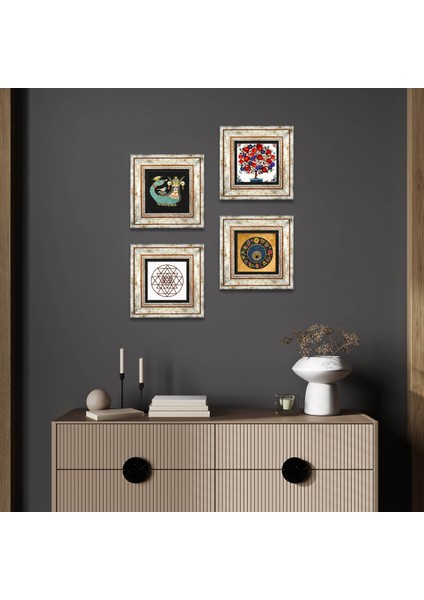 Sri Yantra, Nazar, Şahmeran, Nar Ağacı Taş Duvar Tablosu Çerçeveli Duvar Dekoru 4 Parça Tablo Seti Wall Art T4-1014