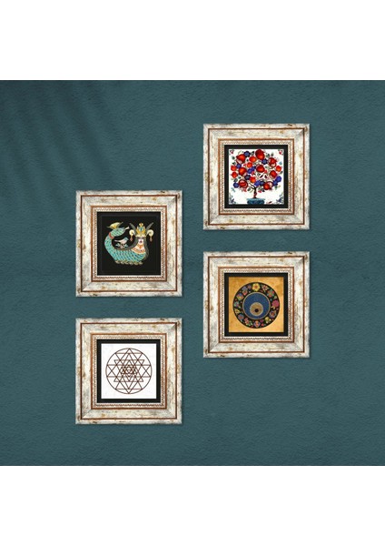 Sri Yantra, Nazar, Şahmeran, Nar Ağacı Taş Duvar Tablosu Çerçeveli Duvar Dekoru 4 Parça Tablo Seti Wall Art T4-1014 fırsatları