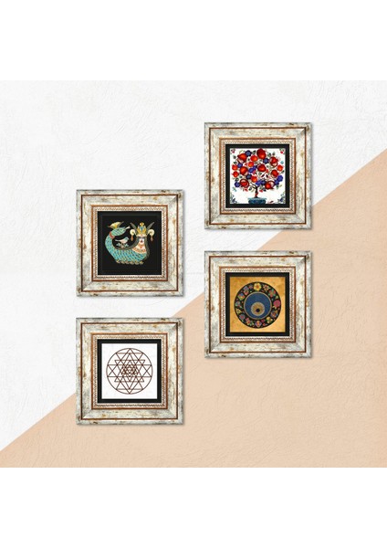 Sri Yantra, Nazar, Şahmeran, Nar Ağacı Taş Duvar Tablosu Çerçeveli Duvar Dekoru 4 Parça Tablo Seti Wall Art T4-1014 indirimleri