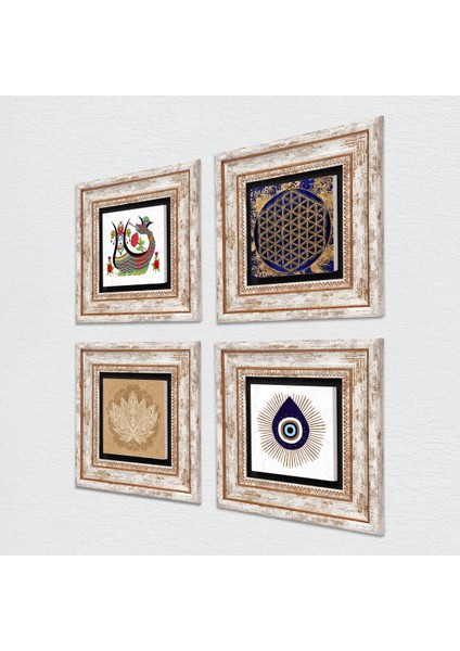Nazar, Lotus Çiçeği, Yaşam Çiçeği, Şahmeran Çerçeveli Taş Duvar Tablosu 4’lü Set - Dekoratif Modern Sanat, Ev ve Ofis Dekoru |TK4-1412| fiyatları