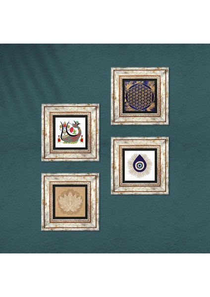 Nazar, Lotus Çiçeği, Yaşam Çiçeği, Şahmeran Çerçeveli Taş Duvar Tablosu 4’lü Set - Dekoratif Modern Sanat, Ev ve Ofis Dekoru |TK4-1412| fırsatları