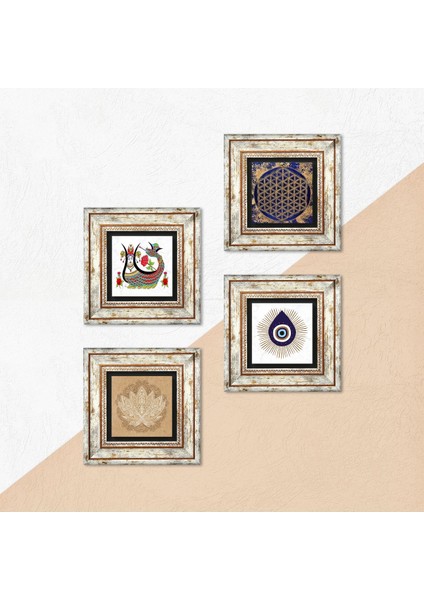 Nazar, Lotus Çiçeği, Yaşam Çiçeği, Şahmeran Çerçeveli Taş Duvar Tablosu 4’lü Set - Dekoratif Modern Sanat, Ev ve Ofis Dekoru |TK4-1412| indirimleri