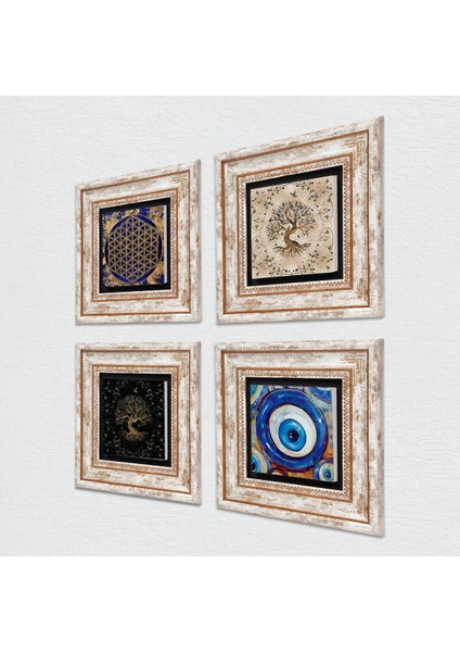Nazar, Yaşam Çiçeği, Hayat Ağacı Çerçeveli Taş Duvar Tablosu 4’lü Set - Dekoratif Modern Sanat, Ev ve Ofis Dekoru |TK4-1564| fiyatları