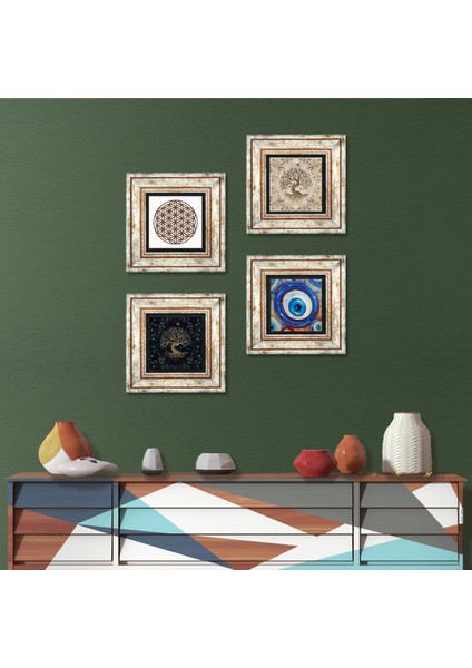 Nazar, Yaşam Çiçeği, Hayat Ağacı Taş Duvar Tablosu Çerçeveli Duvar Dekoru 4 Parça Tablo Seti Wall Art T4-1566