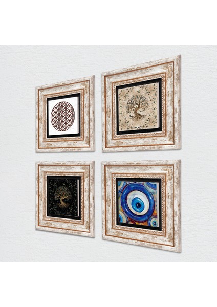 Nazar, Yaşam Çiçeği, Hayat Ağacı Taş Duvar Tablosu Çerçeveli Duvar Dekoru 4 Parça Tablo Seti Wall Art T4-1566 fiyatları