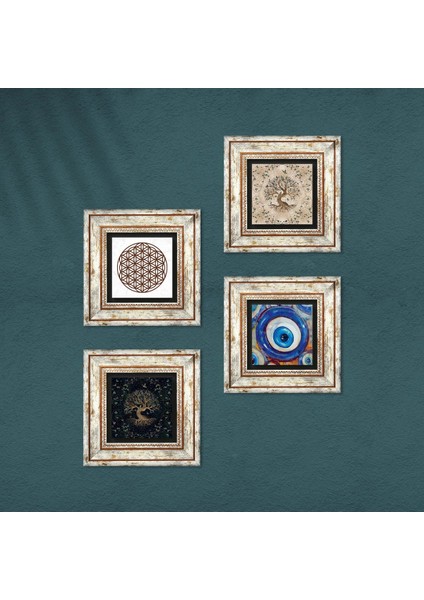 Nazar, Yaşam Çiçeği, Hayat Ağacı Taş Duvar Tablosu Çerçeveli Duvar Dekoru 4 Parça Tablo Seti Wall Art T4-1566 fırsatları