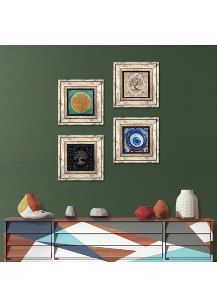 Nazar, Lotus Çiçeği, Hayat Ağacı Taş Duvar Tablosu Çerçeveli Duvar Dekoru 4 Parça Tablo Seti Wall Art T4-1569