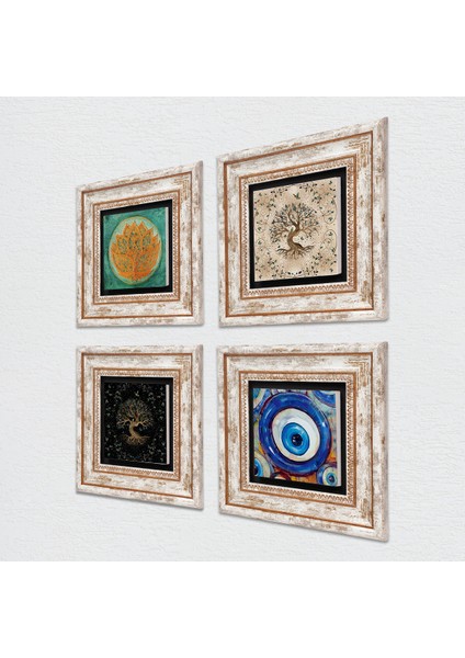 Nazar, Lotus Çiçeği, Hayat Ağacı Taş Duvar Tablosu Çerçeveli Duvar Dekoru 4 Parça Tablo Seti Wall Art T4-1569 fiyatları