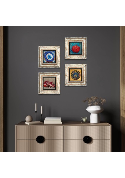 Nazar, Nar Taş Duvar Tablosu Çerçeveli Duvar Dekoru 4 Parça Tablo Seti Wall Art T4-1203