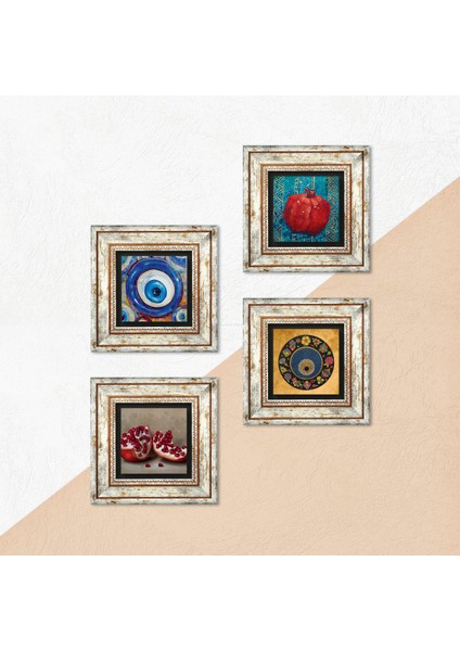 Nazar, Nar Taş Duvar Tablosu Çerçeveli Duvar Dekoru 4 Parça Tablo Seti Wall Art T4-1203