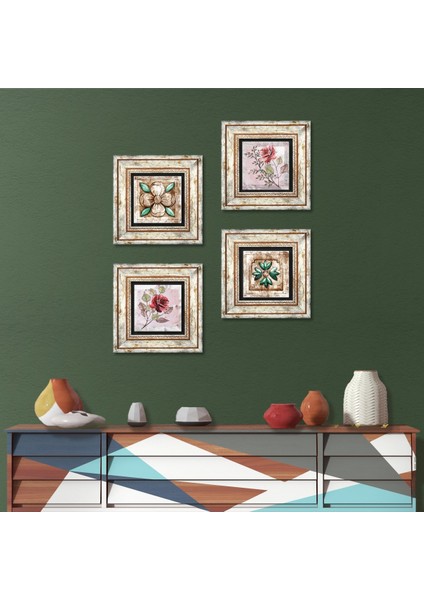 Gül Çiçek, Fas Desenli Vintage Taş Duvar Tablosu Çerçeveli Duvar Dekoru 4 Parça Tablo Seti Wall Art T4-1369