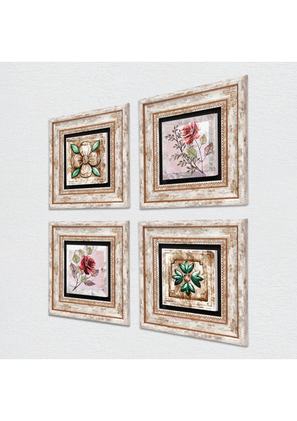 Gül Çiçek, Fas Desenli Vintage Taş Duvar Tablosu Çerçeveli Duvar Dekoru 4 Parça Tablo Seti Wall Art T4-1369 fiyatları