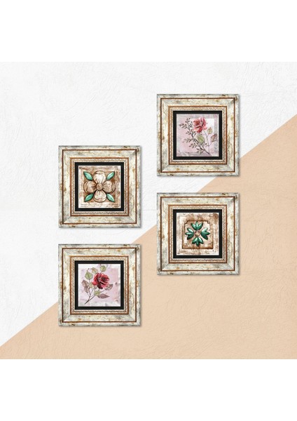 Gül Çiçek, Fas Desenli Vintage Taş Duvar Tablosu Çerçeveli Duvar Dekoru 4 Parça Tablo Seti Wall Art T4-1369 indirimleri
