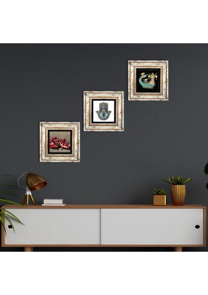 Şahmeran, Nar, Fatma Ana Eli (Hamsa) Taş Duvar Tablosu Çerçeveli Duvar Dekoru 3 Parça Tablo Seti Wall Art T3-702