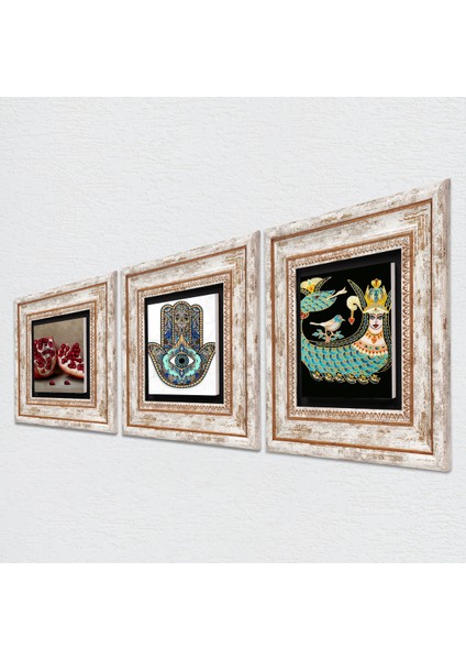 Şahmeran, Nar, Fatma Ana Eli (Hamsa) Taş Duvar Tablosu Çerçeveli Duvar Dekoru 3 Parça Tablo Seti Wall Art T3-702 fiyatları