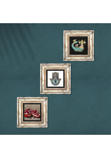 Şahmeran, Nar, Fatma Ana Eli (Hamsa) Taş Duvar Tablosu Çerçeveli Duvar Dekoru 3 Parça Tablo Seti Wall Art T3-702 fırsatları