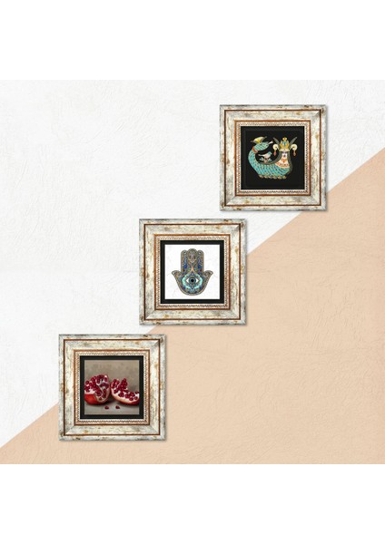 Şahmeran, Nar, Fatma Ana Eli (Hamsa) Taş Duvar Tablosu Çerçeveli Duvar Dekoru 3 Parça Tablo Seti Wall Art T3-702 indirimleri