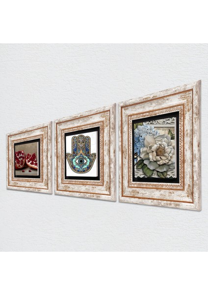Kelebekli Çiçek, Nar, Fatma Ana Eli (Hamsa) Taş Duvar Tablosu Çerçeveli Duvar Dekoru 3 Parça Tablo Seti Wall Art T3-705 fiyatları