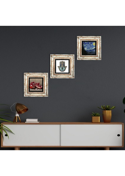 Van Gogh Yıldızlı Gece, Nar, Fatma Ana Eli (Hamsa) Taş Duvar Tablosu Çerçeveli Duvar Dekoru 3 Parça Tablo Seti Wall Art T3-718