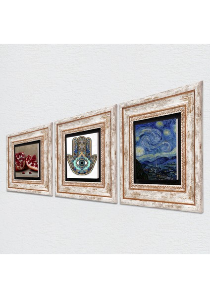 Van Gogh Yıldızlı Gece, Nar, Fatma Ana Eli (Hamsa) Taş Duvar Tablosu Çerçeveli Duvar Dekoru 3 Parça Tablo Seti Wall Art T3-718