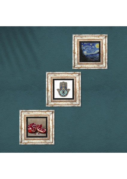 Van Gogh Yıldızlı Gece, Nar, Fatma Ana Eli (Hamsa) Taş Duvar Tablosu Çerçeveli Duvar Dekoru 3 Parça Tablo Seti Wall Art T3-718