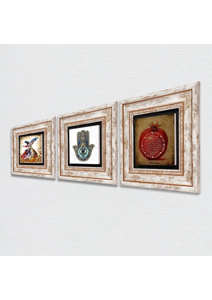 Bereket Duası, Semazen, Fatma Ana Eli (Hamsa) Taş Duvar Tablosu Çerçeveli Duvar Dekoru 3 Parça Tablo Seti Wall Art T3-112