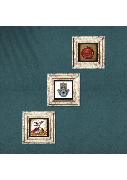 Bereket Duası, Semazen, Fatma Ana Eli (Hamsa) Taş Duvar Tablosu Çerçeveli Duvar Dekoru 3 Parça Tablo Seti Wall Art T3-112