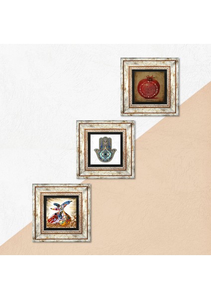 Bereket Duası, Semazen, Fatma Ana Eli (Hamsa) Taş Duvar Tablosu Çerçeveli Duvar Dekoru 3 Parça Tablo Seti Wall Art T3-112