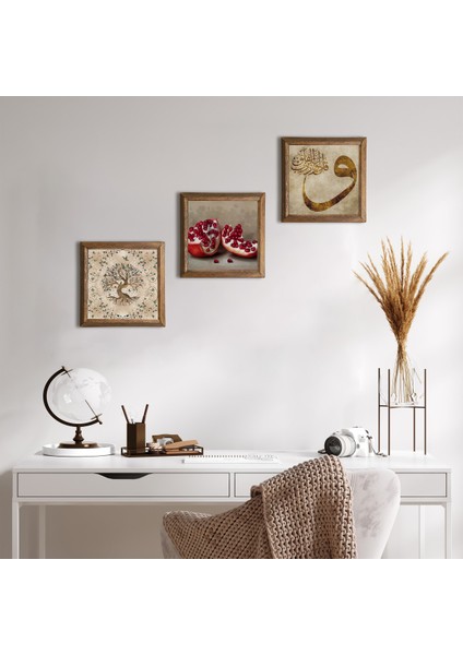 Vav, Hayat Ağacı, Nar Taş Duvar Tablosu Ahşap Çerçeveli Duvar Dekoru 3 Parça Tablo Seti Wall Art W3-919