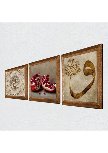 Vav, Hayat Ağacı, Nar Taş Duvar Tablosu Ahşap Çerçeveli Duvar Dekoru 3 Parça Tablo Seti Wall Art W3-919