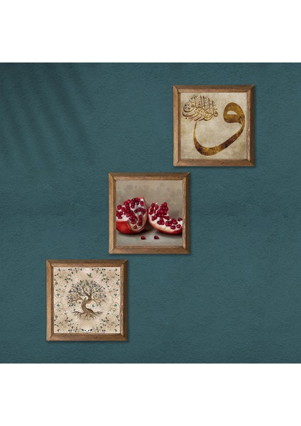 Vav, Hayat Ağacı, Nar Taş Duvar Tablosu Ahşap Çerçeveli Duvar Dekoru 3 Parça Tablo Seti Wall Art W3-919