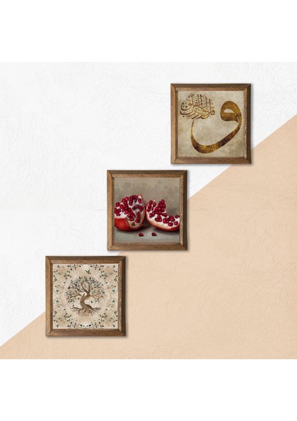 Vav, Hayat Ağacı, Nar Taş Duvar Tablosu Ahşap Çerçeveli Duvar Dekoru 3 Parça Tablo Seti Wall Art W3-919